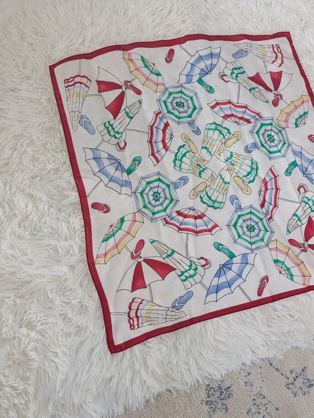 Vintage 100% Silk Beach Umbrella Scarf Square Red Border Resort Coastal 26x26 - Picture 2 of 7